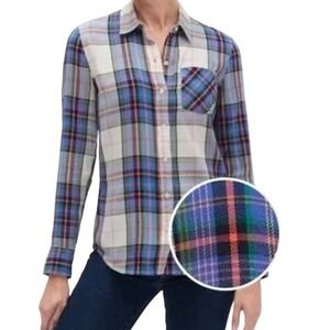 GAP Soft Twill White Check Lavender Plaid Flannel Top Green & Purple S